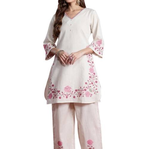Women's Off White Pure Cotton Embroidered Straight Kurta & Palazzo Set (KS0OW9929_Medium)
