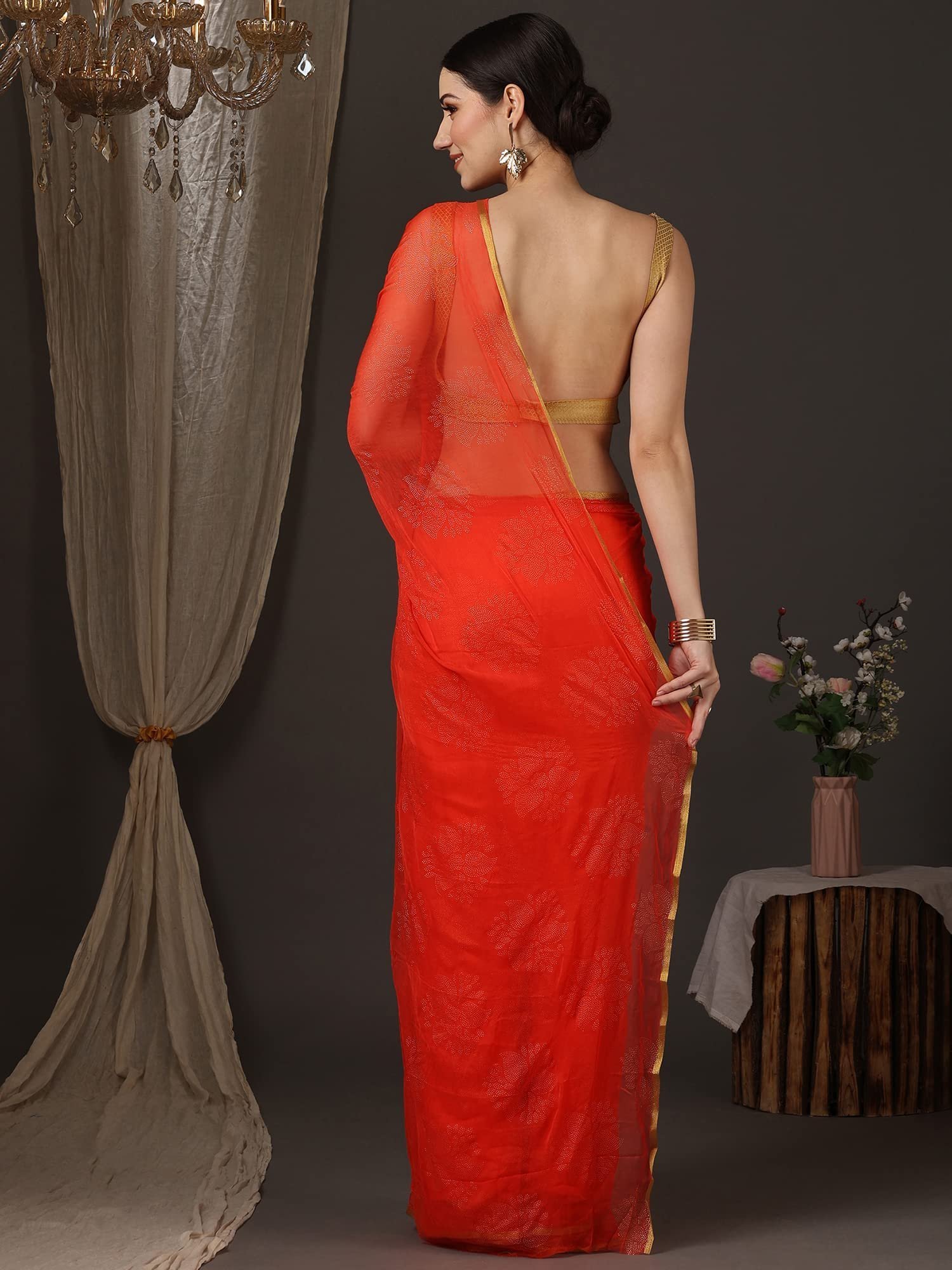 Women's Floral Chiffon Embellished Zari Border Saree With Unstitched Blouse Piece (Pink_DOLY2604_WBG) - Image 4