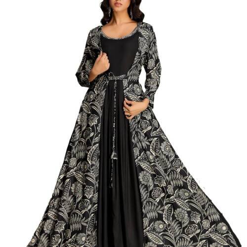 Women's Rayon Print with Hand Embroidery Work Anarkali Long Gown(M-2546 Black_Small)