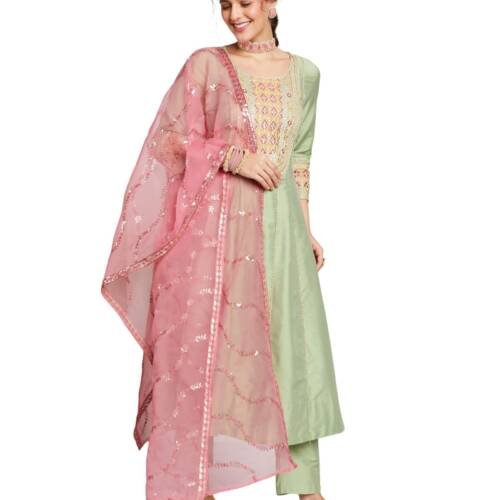 Women's Embroidered Anarkali Kurta Set with Organza Dupatta (AW25 VEN-KS-13_Light Green_L)
