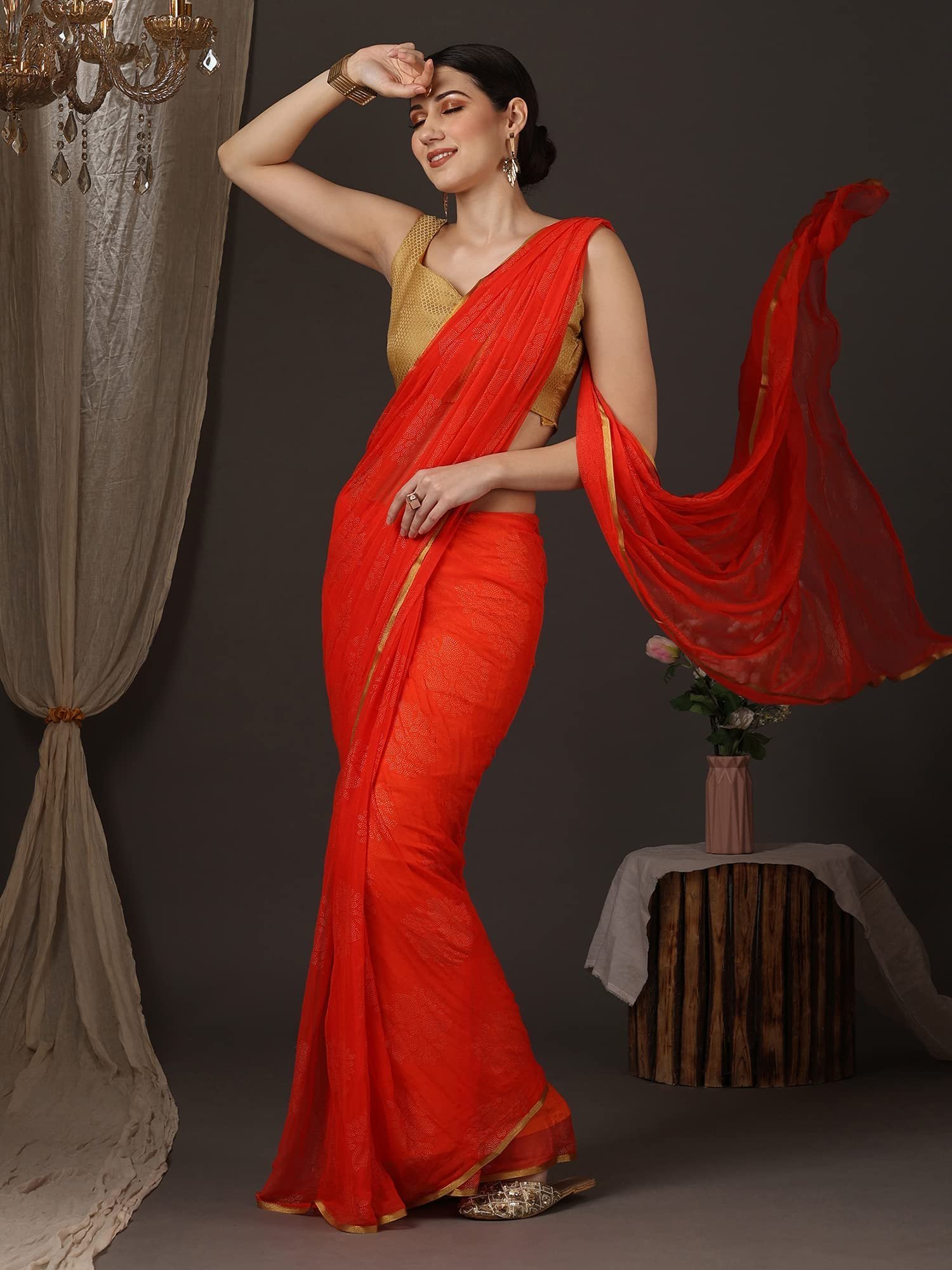 Women's Floral Chiffon Embellished Zari Border Saree With Unstitched Blouse Piece (Pink_DOLY2604_WBG) - Image 5