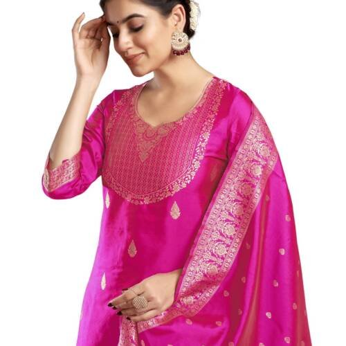 Women's Rayon Viscose Banarasi Jacquard Zari Woven Straight Kurta Pant with Dupatta Set (217KBD2301-XL_Rani Pink)