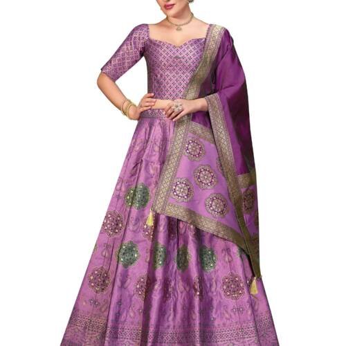 Women's Kanjiwaram Semi-Stitched Lehenga choli (Bahaar-Purple_Free Size)
