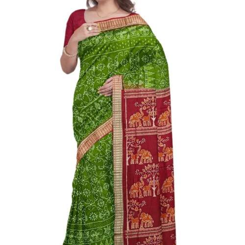 Women Sambalpuri Silk Saree With Blouse Piece, Floral Design, Mehendi Green Base, Maroonish Red Border, Pallu And Blouse In Maroon
