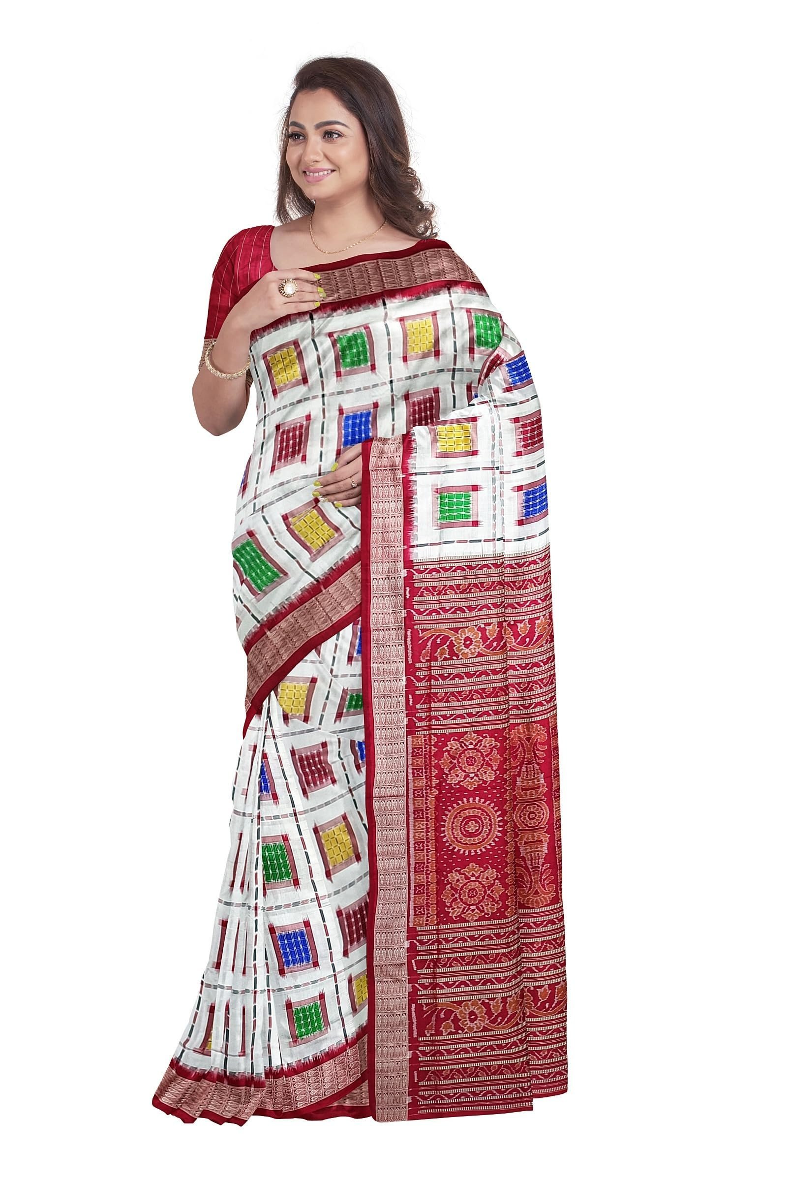 Sambalpuri Silk Saree with Blouse Piece, White with Multi Color Ashwini Design, Red Border, Traditional
