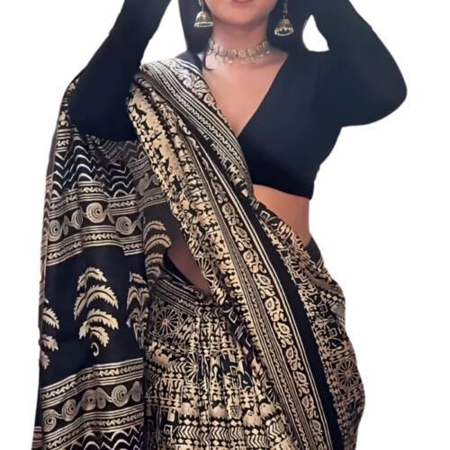 Women's Art Silk Printed Kalamkari Saree With Blouse Piece (Black And Beige)