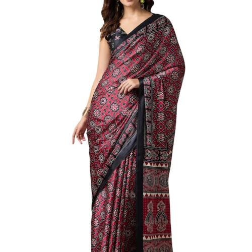Women's Pink Crepe Ajrak Printed Saree With Unstitched Blouse (KAJRKH386002_RJ11)