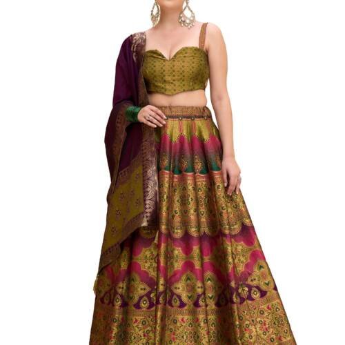 Women's Kanjiwaram Semi-Stitched Lehenga choli (Nazm-Mehndi_Free Size)