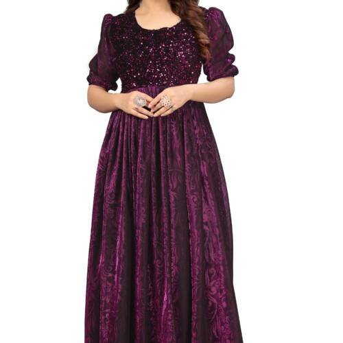 Elegant Women's Long Gown | Anarkali Style | Flared Floor-Length Dress | Floral Emboss Print | Sequence Embroidery (1, Wine)