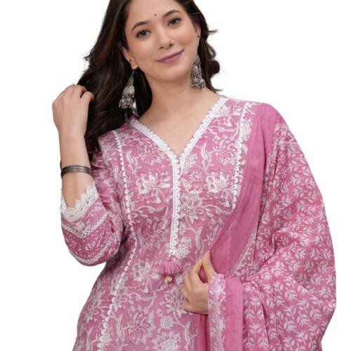 Women's Pure Cotton Printed Straight Kurta Set with Palazzo Pants & Dupatta- Ethnic Wear, Pink(TCK621,M)