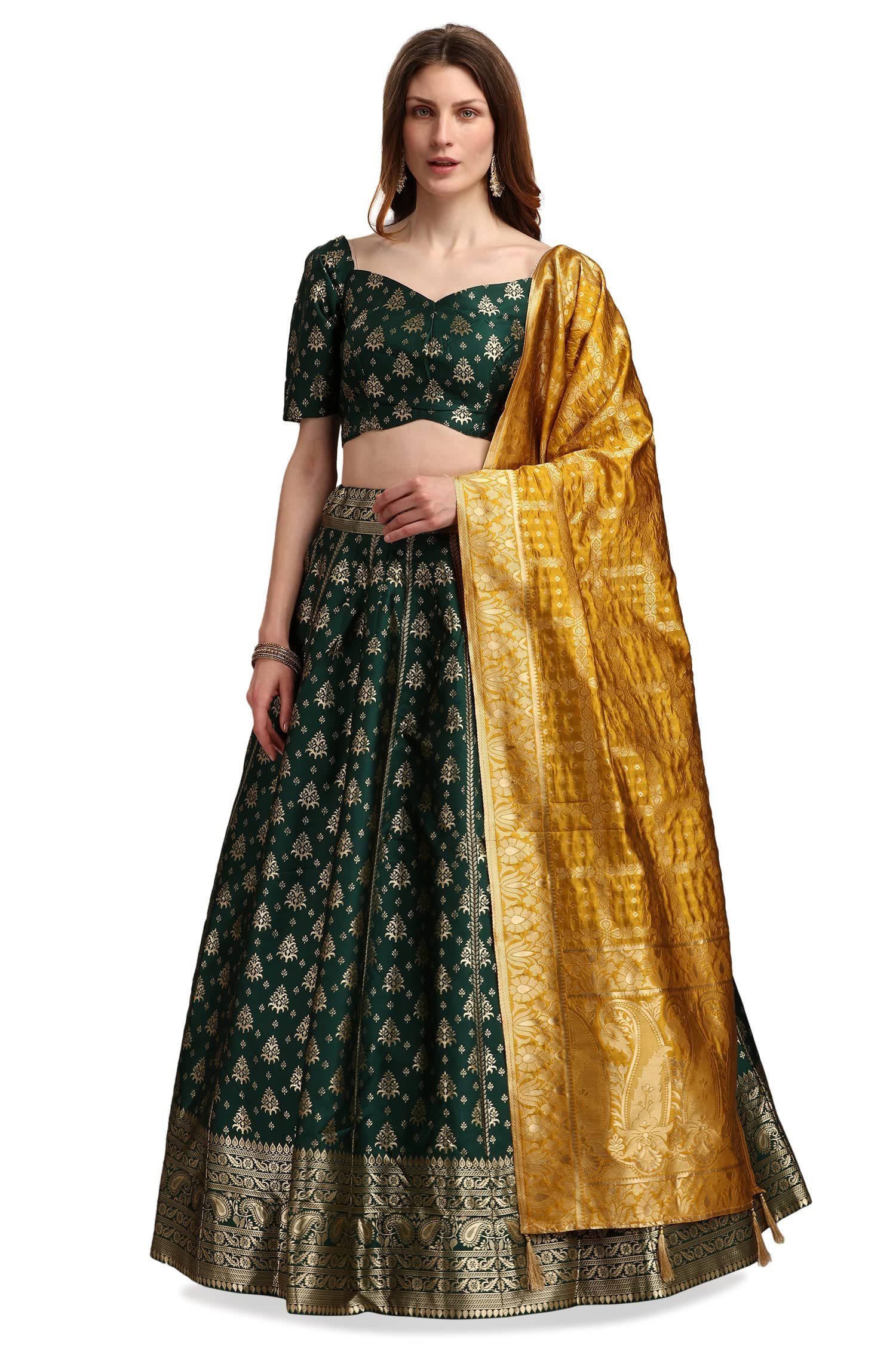 Women's Jacquard Semi-Stitched Lehenga choli (Trisha-D-Green_Green_Free Size)