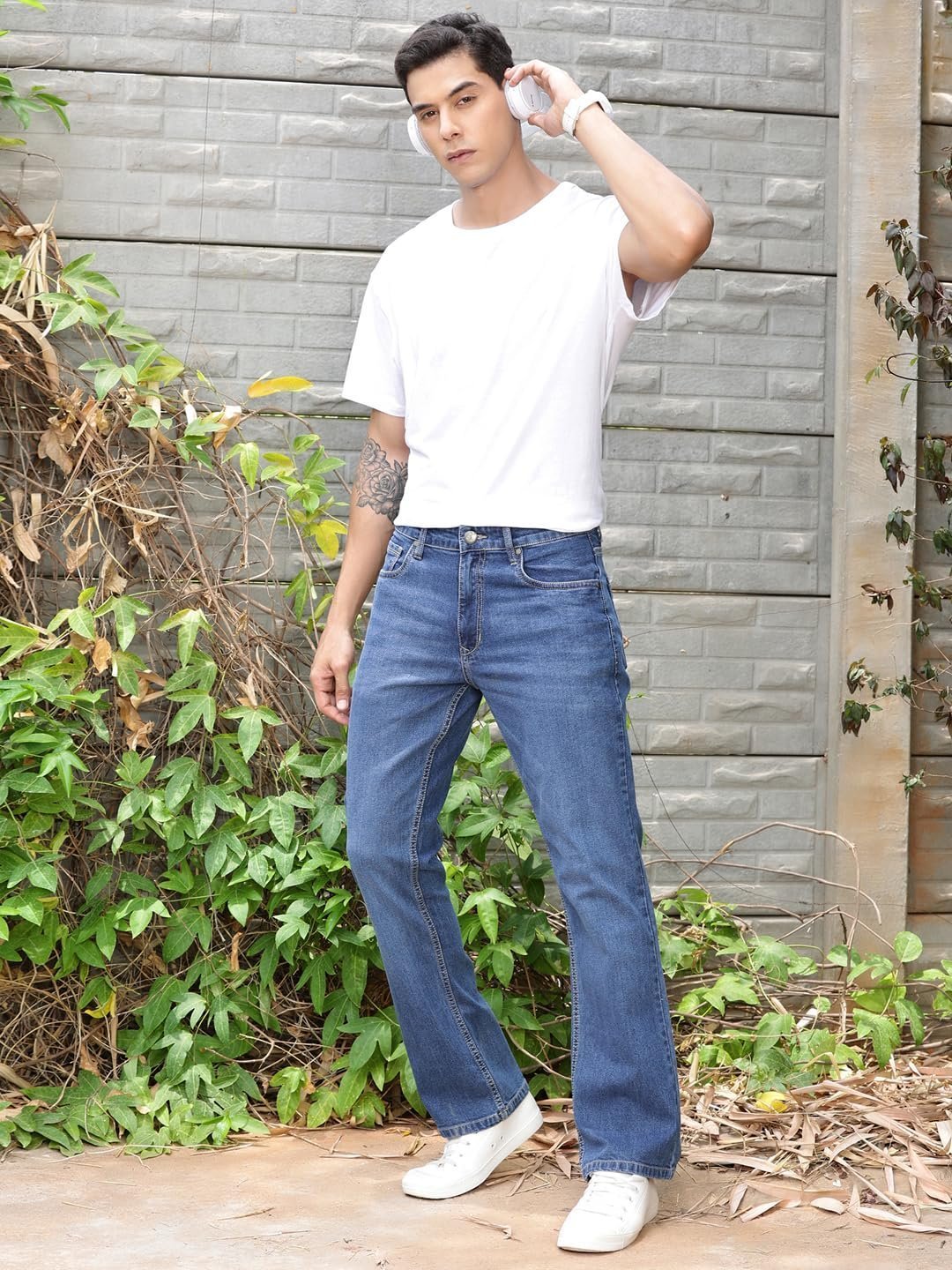 Men's Mid-Rise Clean Look Boot Cut Jeans (TSJ217_Mid Indigo) - Image 6