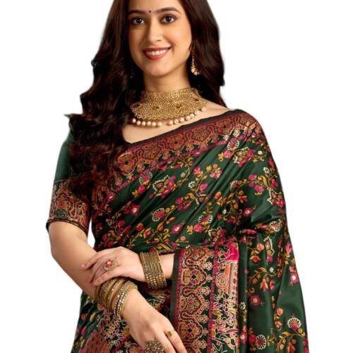 Women's Silk Kashmiri Minakari Jacquard Saree with Unstitched blouse Piece (4314S604_Dark Green)
