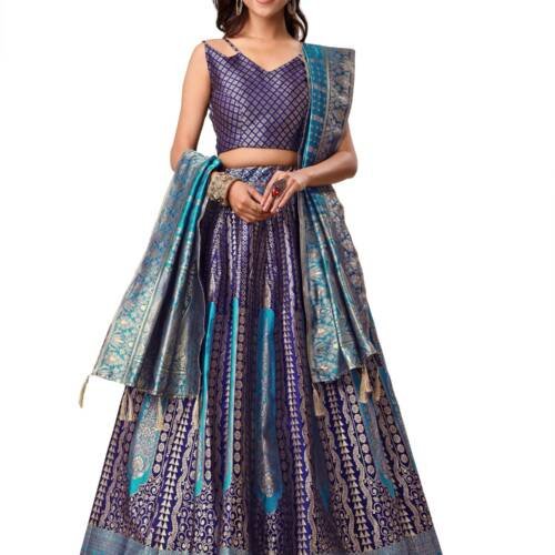 Women's Jacquard Semi-Stitched Lehenga choli (Lihaaz-Navy-Blue_Navy-Blue_Free Size)