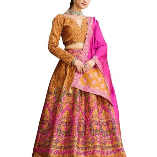 Women's Kanjiwaram Semi-Stitched Lehenga choli (Zahira-Yellow_Free Size)