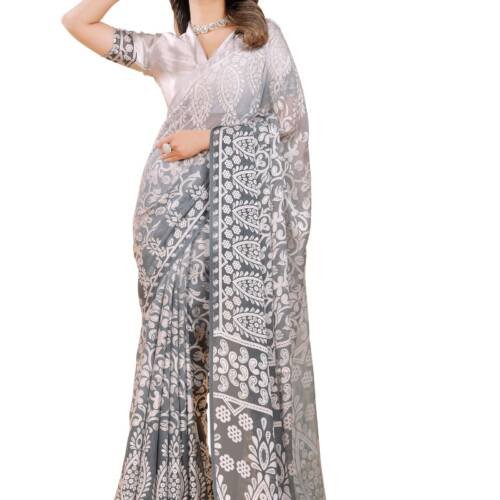 Women Viscose Brasso Floral Print Saree With Unstitched Blouse Piece 73440 - Grey