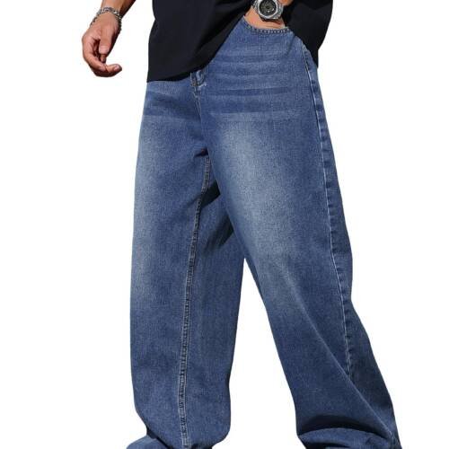 Baggy Jeans Men Wide Leg Denim Pants Y2K Classic Trousers, Blue, Large