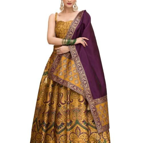 Women's Kanjiwaram Semi-Stitched Lehenga choli (Lazya-Yellow_Free Size)