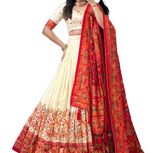 Women's Navaratri Trending Designeer Tussar Silk Lehenga Choli Set With Dupatta And Blouse (WHITE)