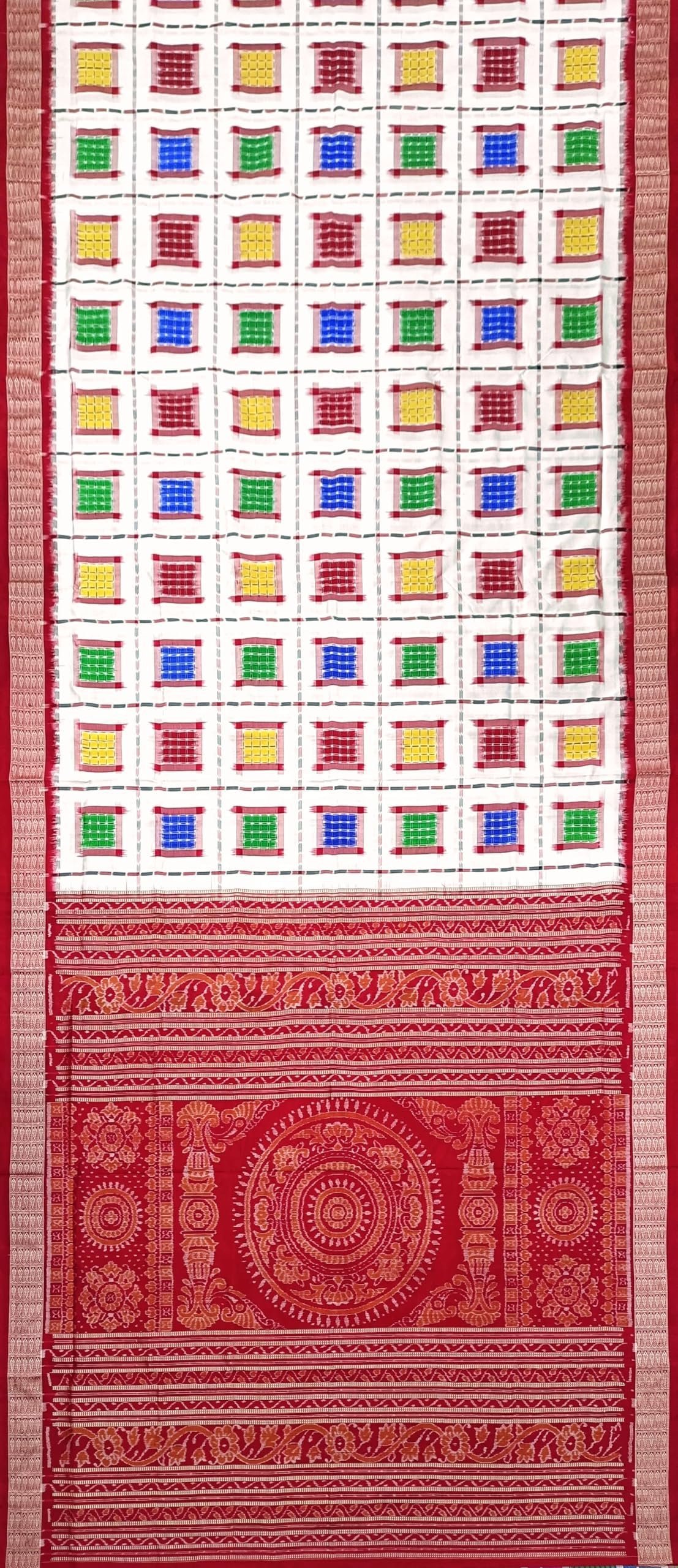 Sambalpuri Silk Saree with Blouse Piece, White with Multi Color Ashwini Design, Red Border, Traditional - Image 3