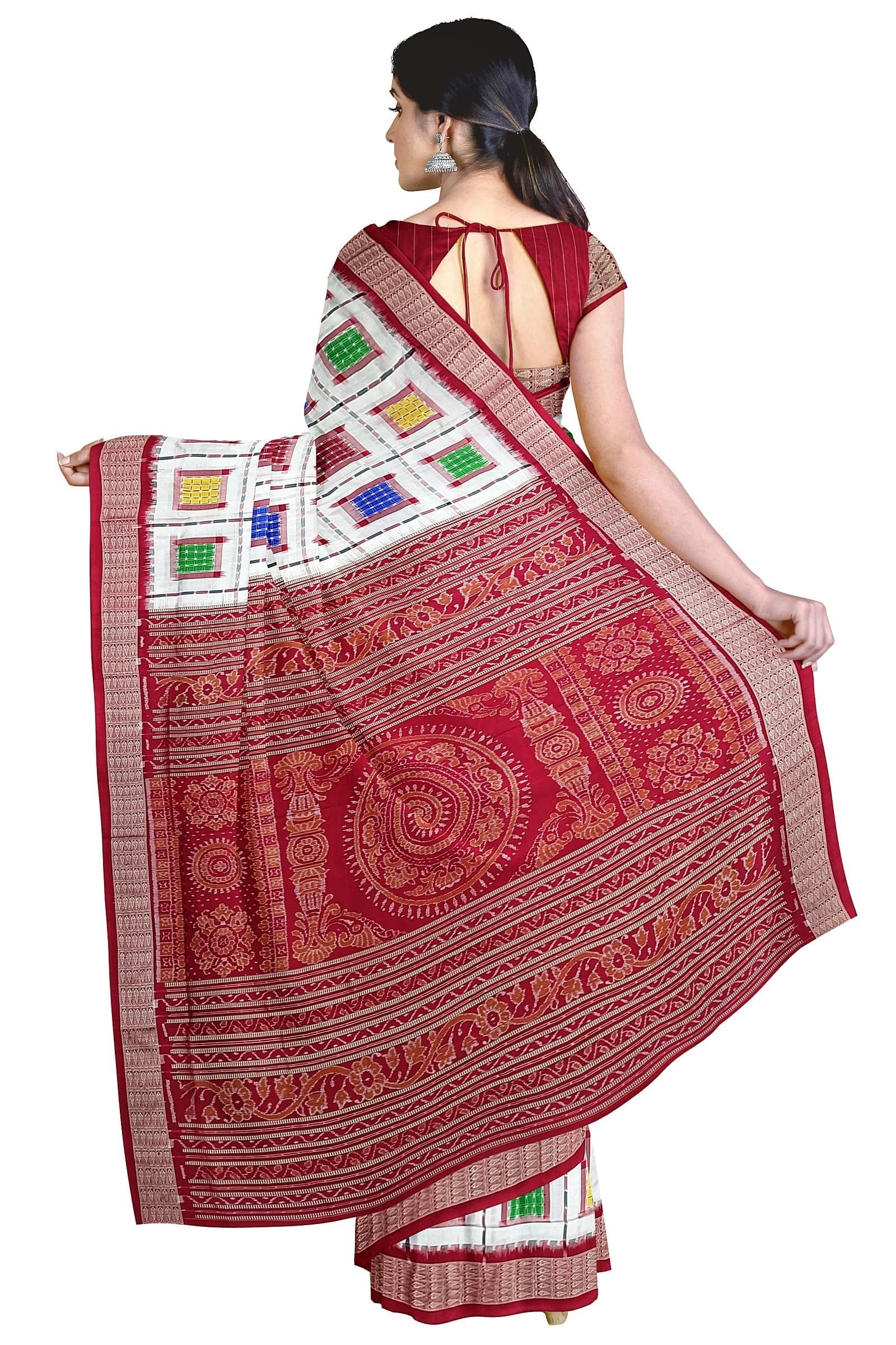 Sambalpuri Silk Saree with Blouse Piece, White with Multi Color Ashwini Design, Red Border, Traditional - Image 2